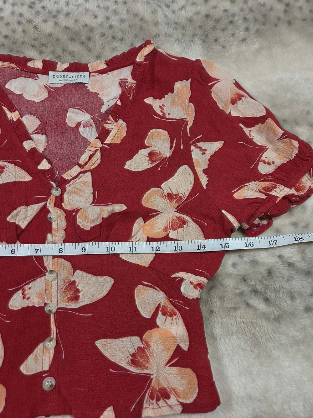Paper Crane Red Butterfly Print V-Neck Crop Top with Smocked Back Waist, Size S - Picture 6 of 8